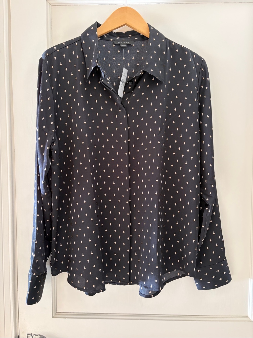 Ann Taylor black Button-Up Blouse with Cream Dot Motif